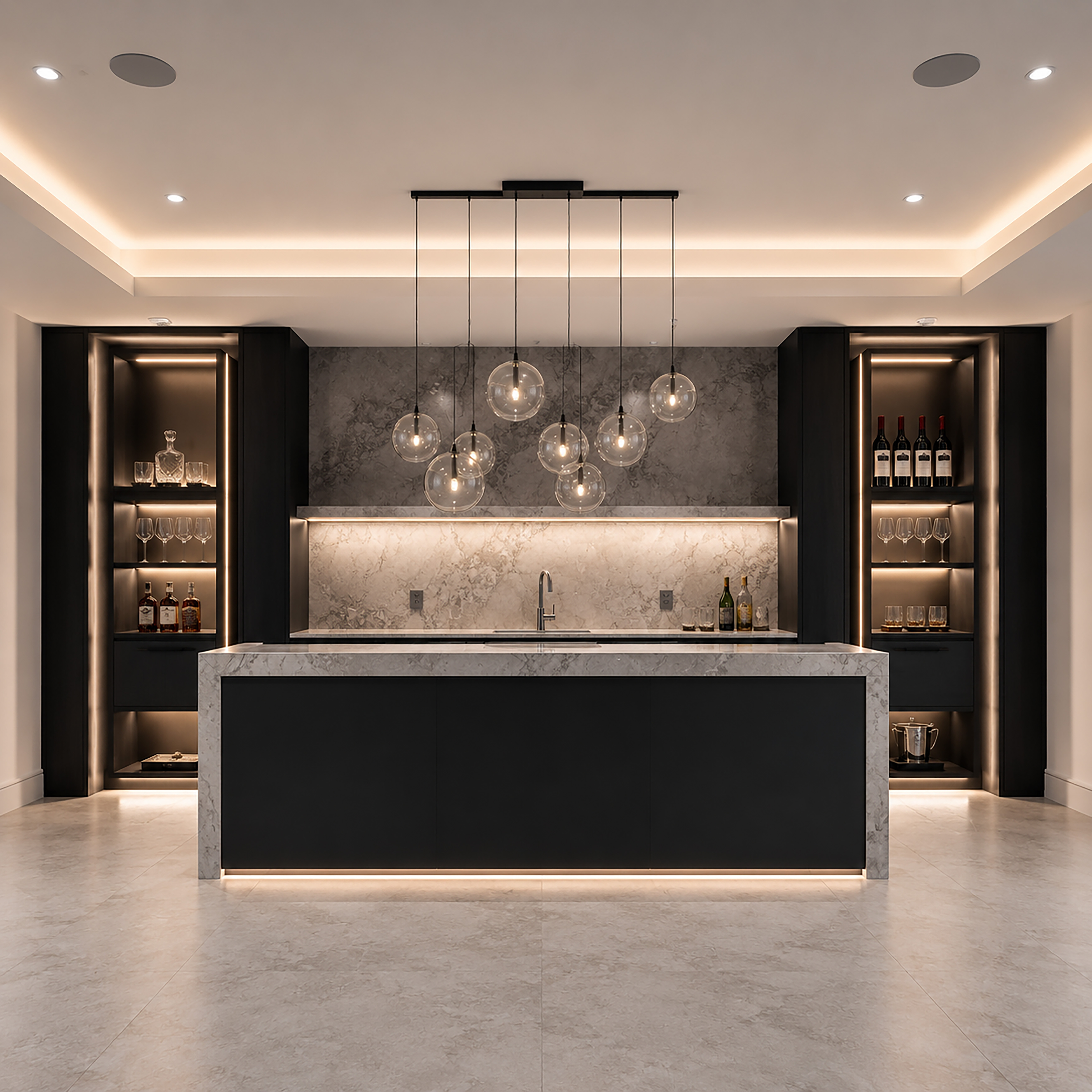Modern home bar with dark cabinetry, stone countertop, and pendant lighting