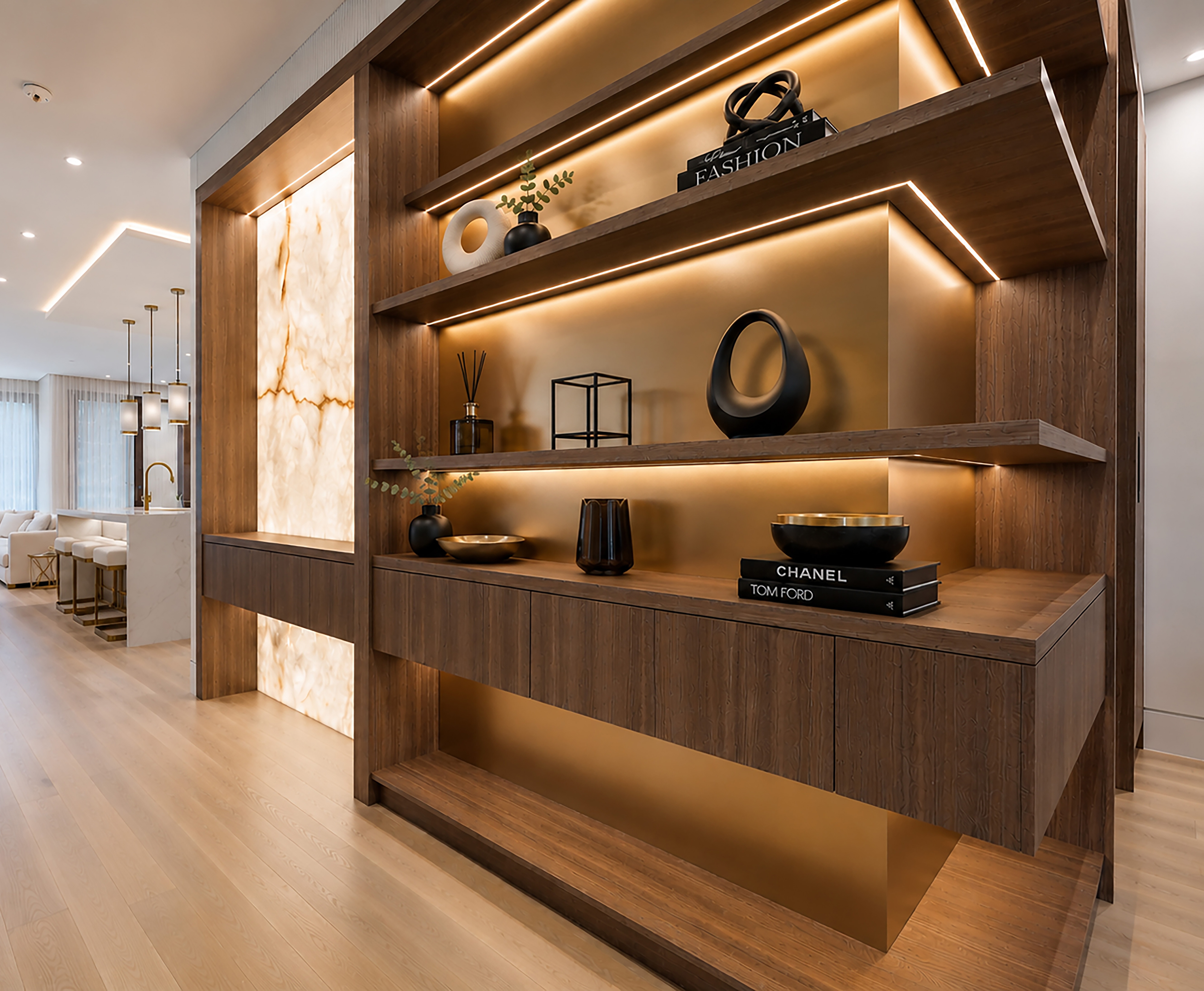 Custom wood display shelving with integrated lighting and decorative objects