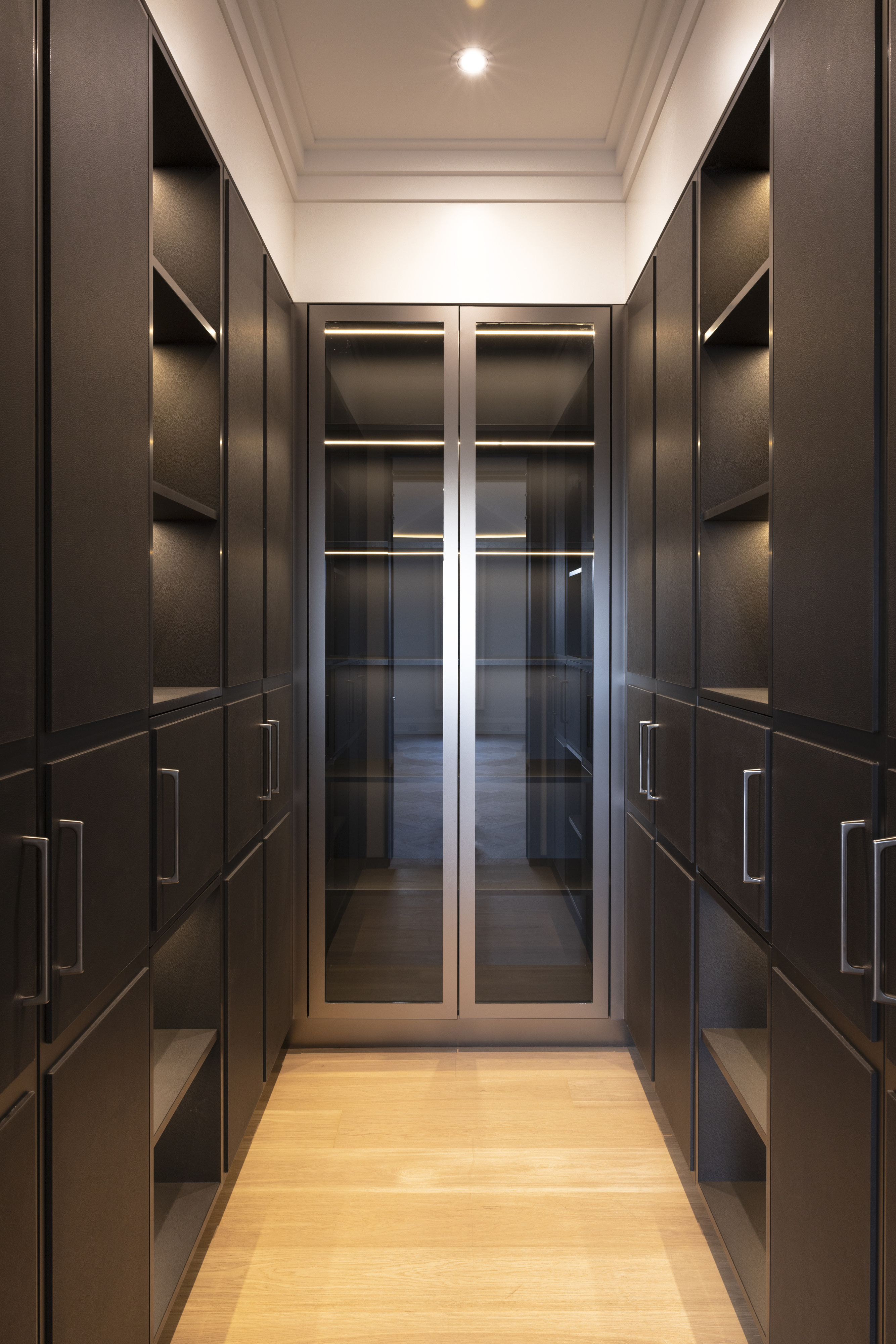 Dark walk-in closet with glass-front cabinetry and integrated lighting