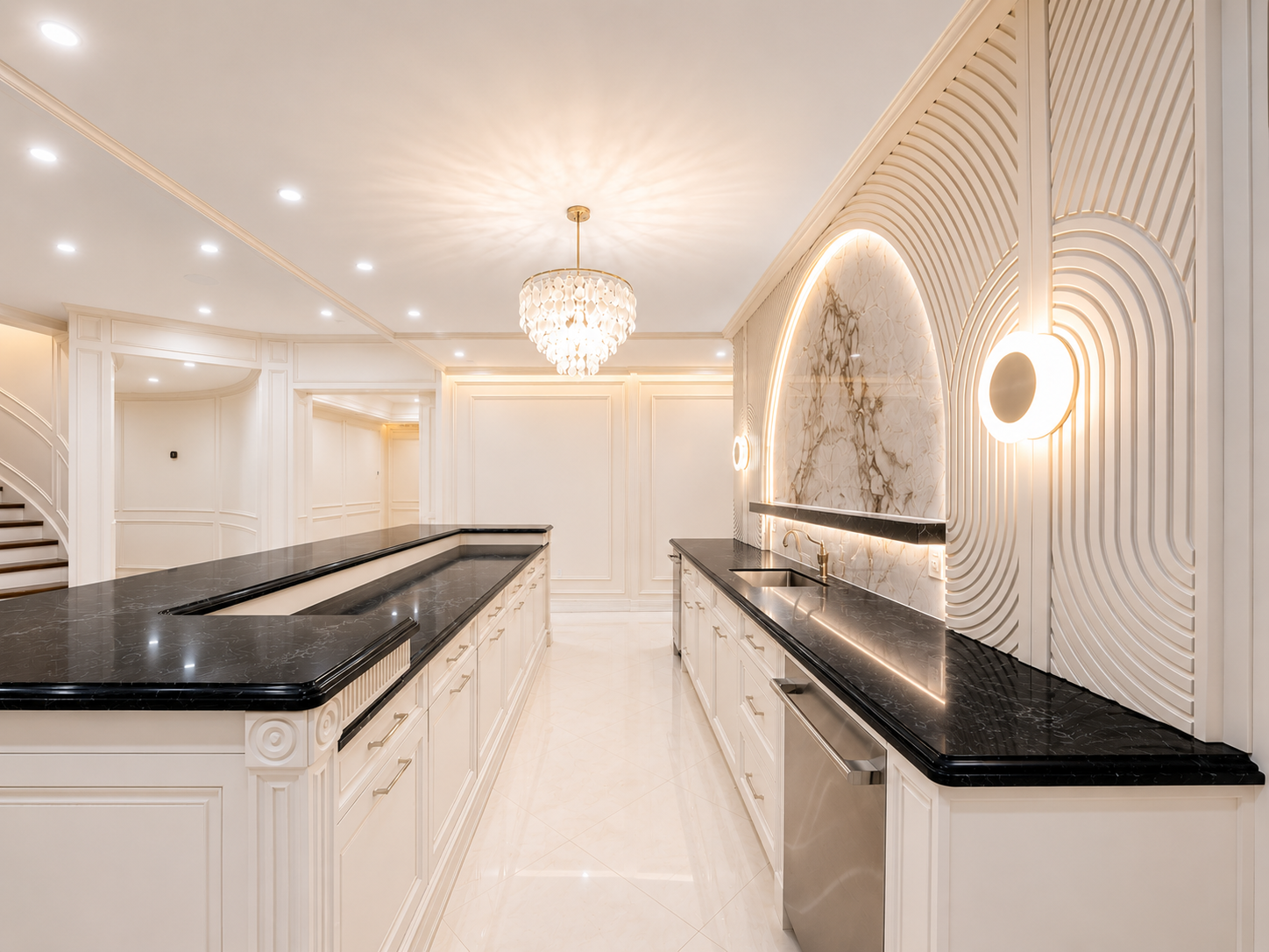 Long white butler’s pantry with black countertops, sculptural wall panelling, and chandelier