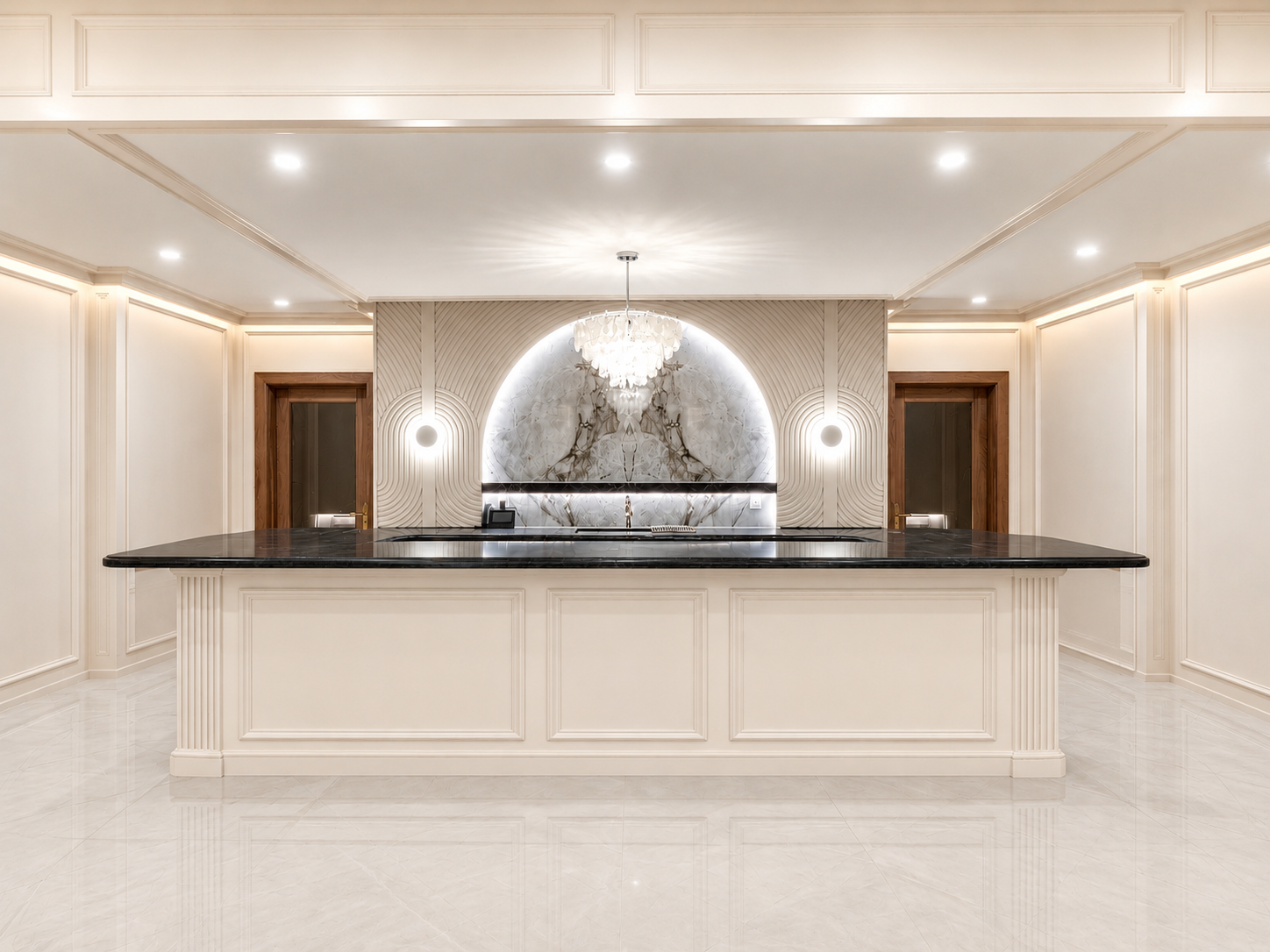 Elegant white home bar with black countertop, marble feature wall, and chandelier