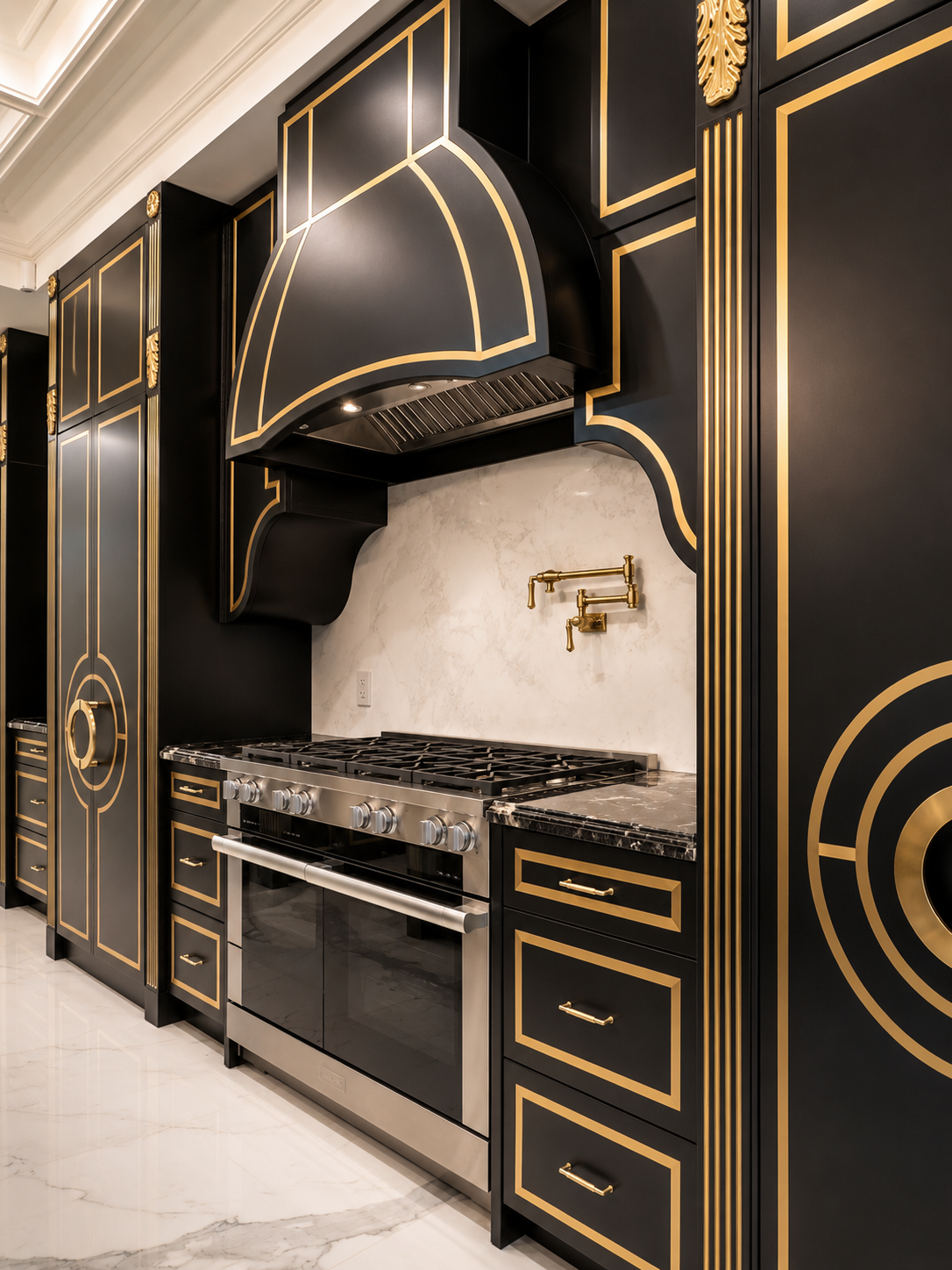 Close-up of black and gold kitchen cabinetry, range hood, stove, and marble backsplash