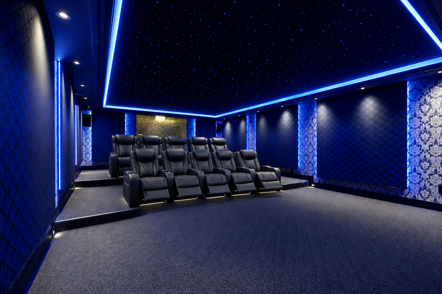 Home theatre with tiered black recliners, blue lighting, and star-effect ceiling