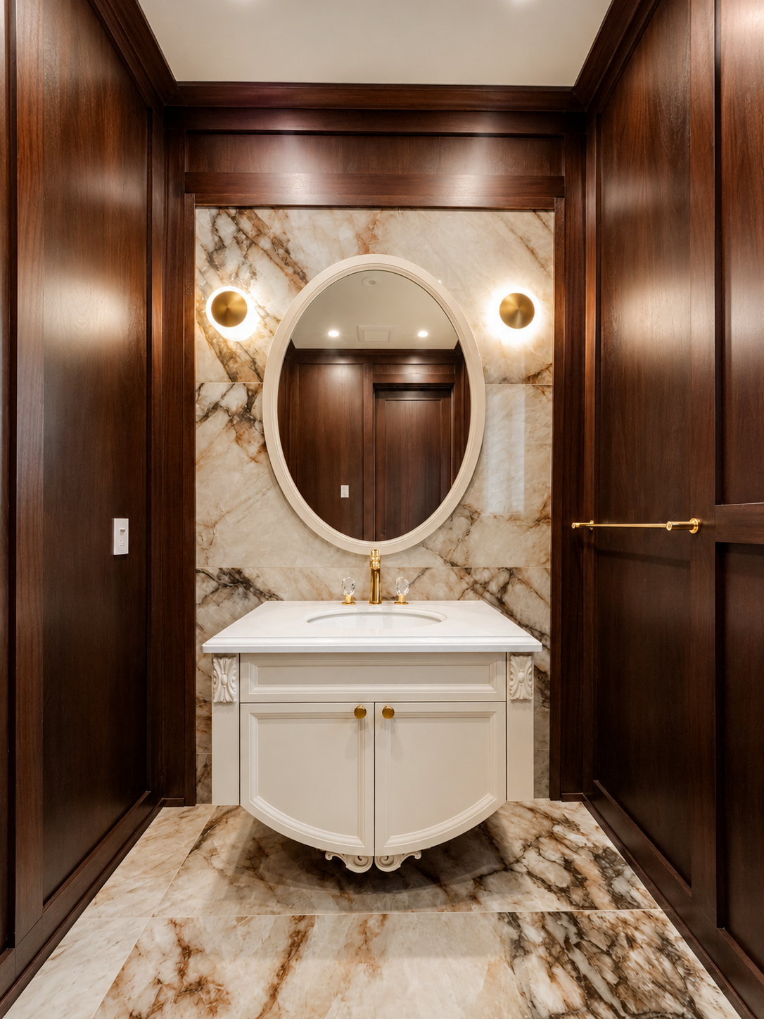 Powder room with dark wood walls, marble backsplash, oval mirror, and gold fixtures