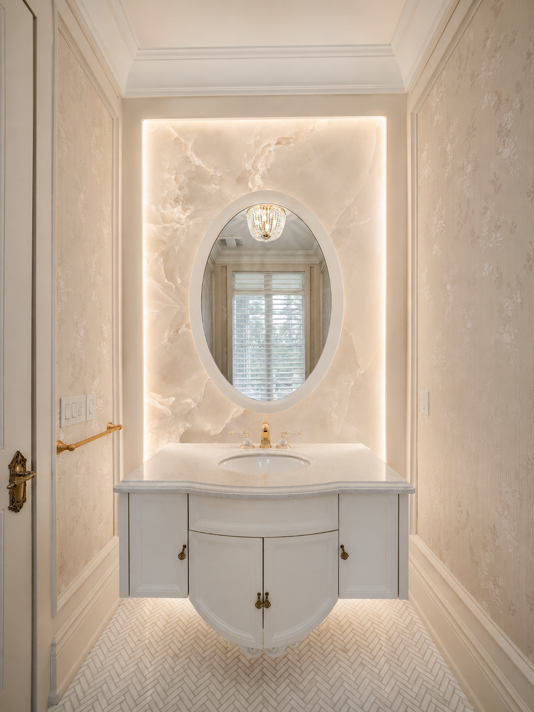 Powder room with white vanity, oval mirror, backlit stone wall, and gold fixtures