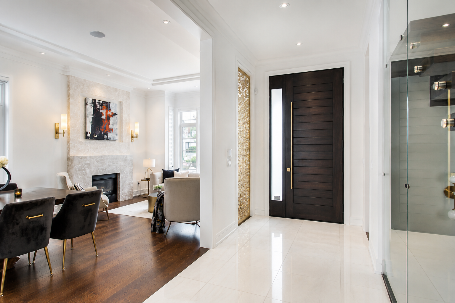 Bright entry hallway with dark wood front door and view into the living room