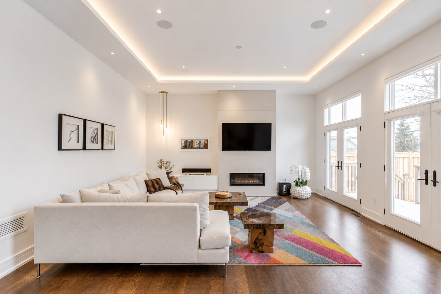 Bright living room with white sectional sofa, fireplace, large windows, and colourful area rug