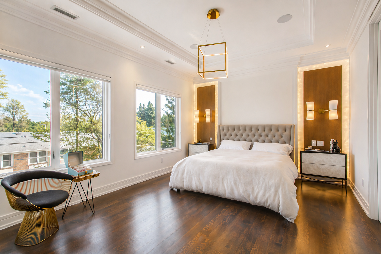 Spacious bedroom with upholstered bed, dark wood flooring, gold accents, and large windows