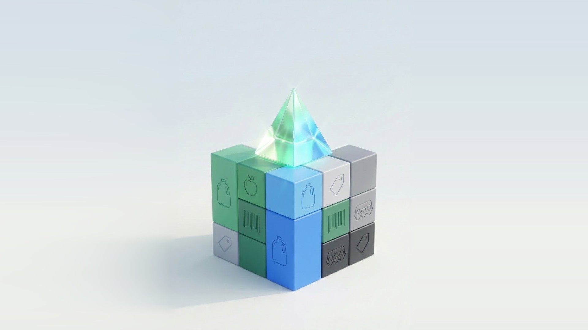 Stacked blocks marked with grocery icons, including milk, eggs, produce, barcodes, and price tags, with a glowing glass prism on top.