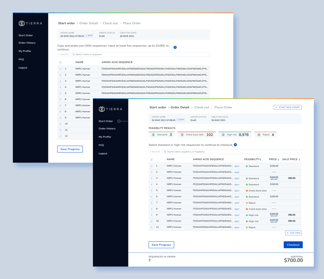 Order table with color-coded feasibility results, inline editing, and a live subtotal