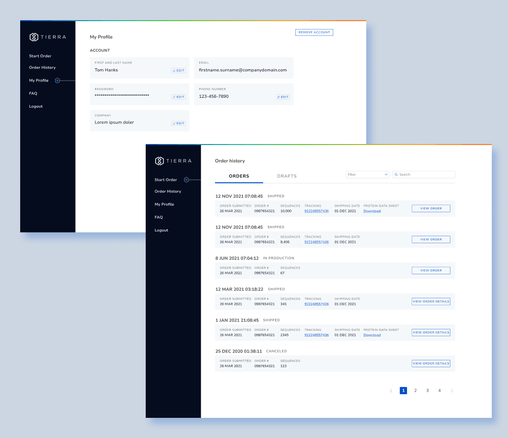 Account information form in the ordering flow