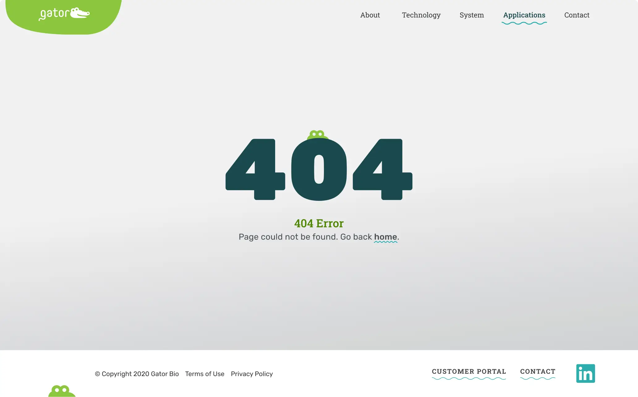 Custom-designed Gator Bio 404 error page