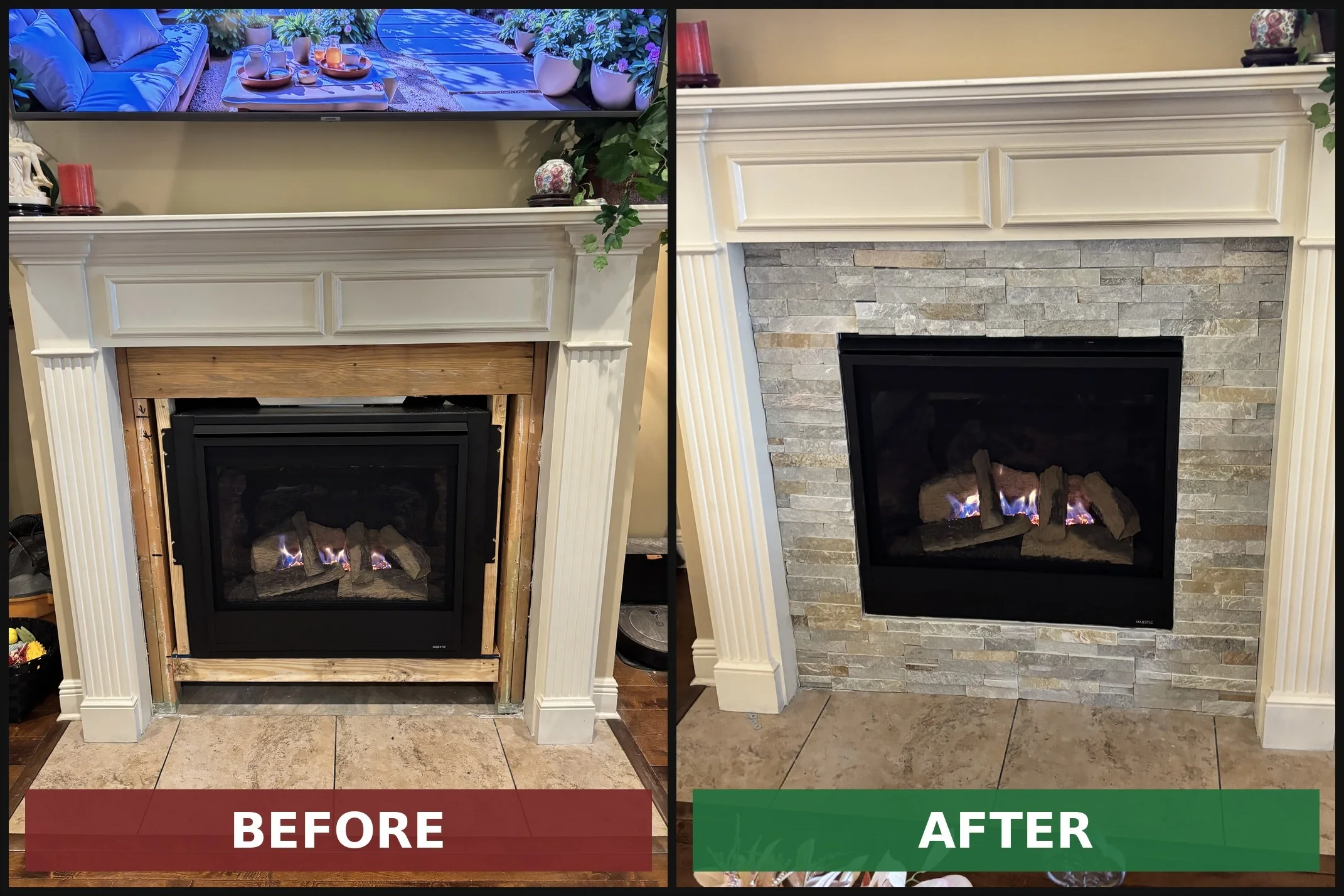 Before-and-after stone fireplace surround transformation by 1st Choice Residential
