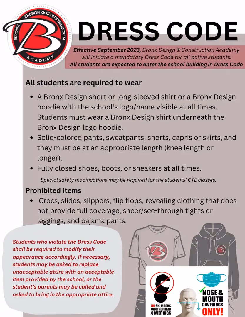 Bronx Design and Construction Academy mandatory dress code policy flyer effective September 2023