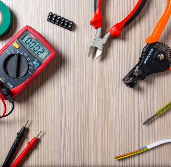 Electrical tools including multimeter pliers wire stripper and cables