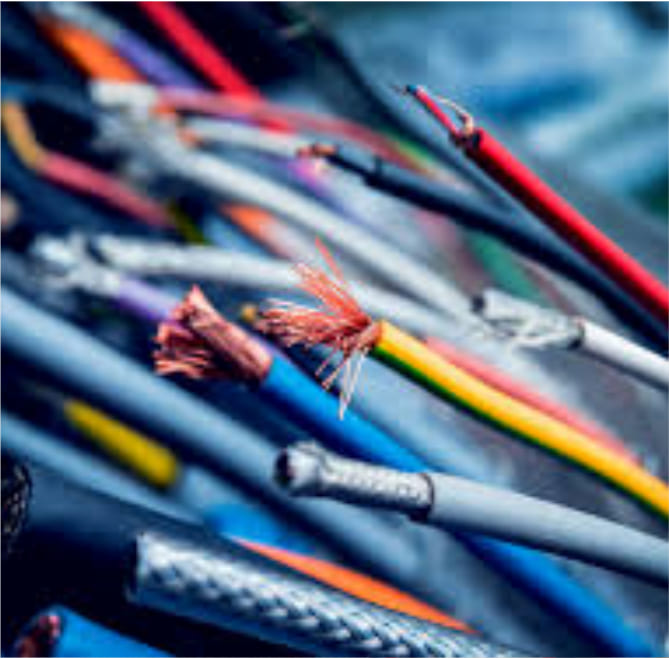 Assorted colorful electrical wires with exposed copper ends