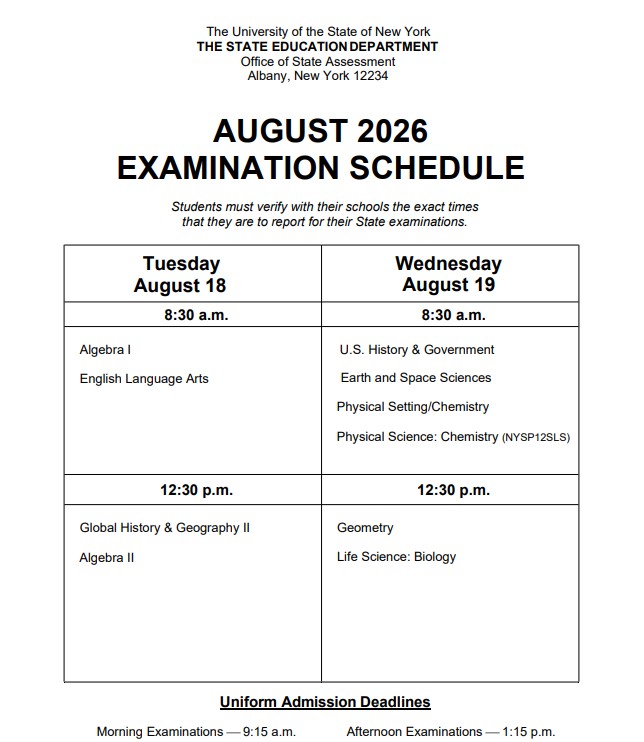 New York State August 2026 Examination Schedule with dates and subjects