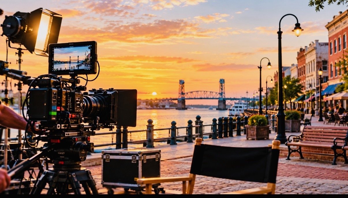 Film camera set up at sunset on the Wilmington, NC Riverwalk with the Cape Fear Memorial Bridge in the background