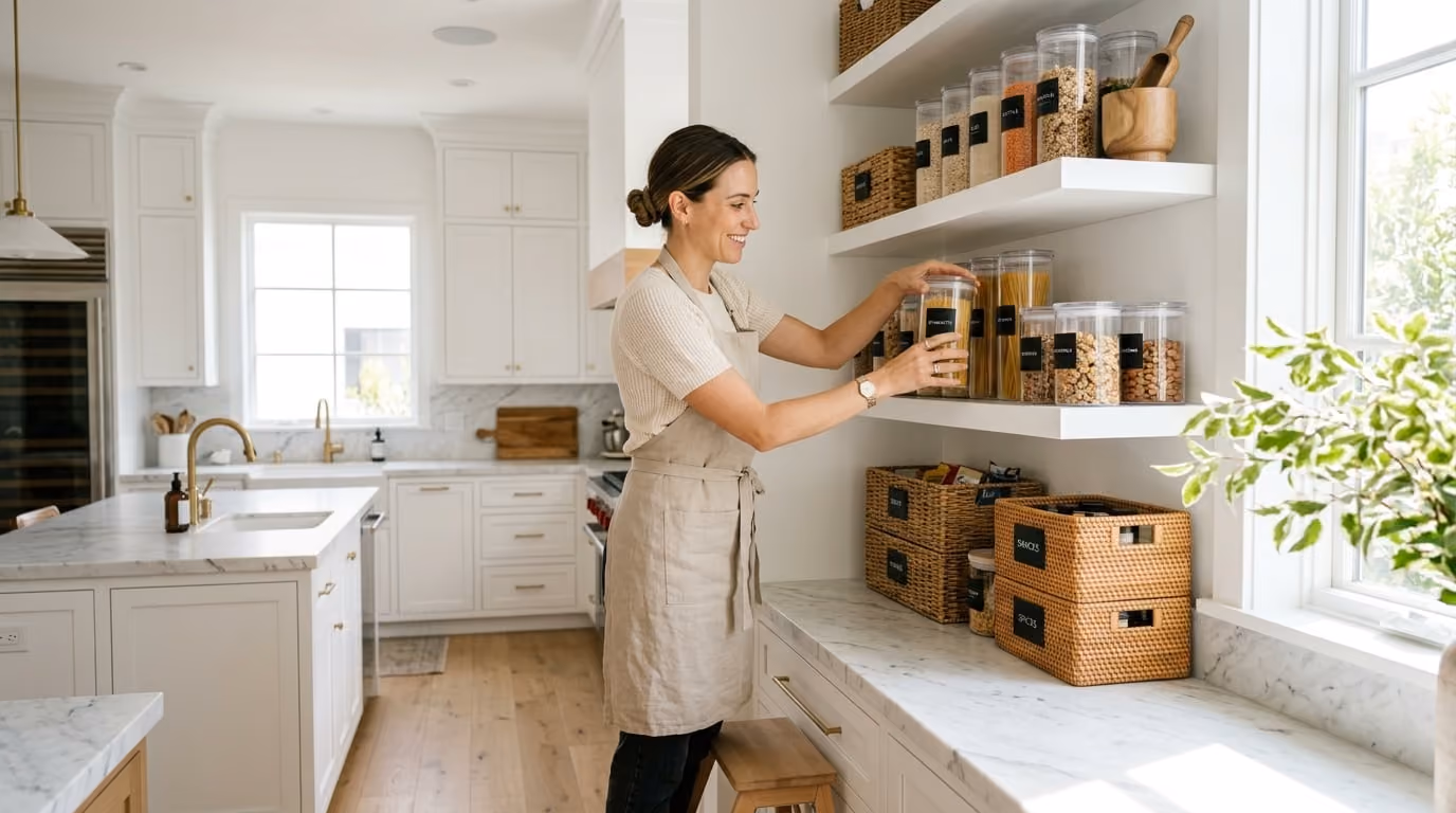 Two people cleaning and tidying a bright kitchen together