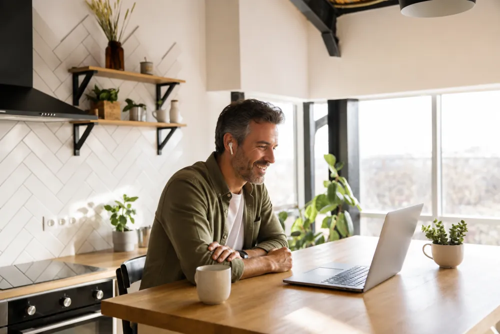 A KMedley coach and a client talking over a laptop at a kitchen table