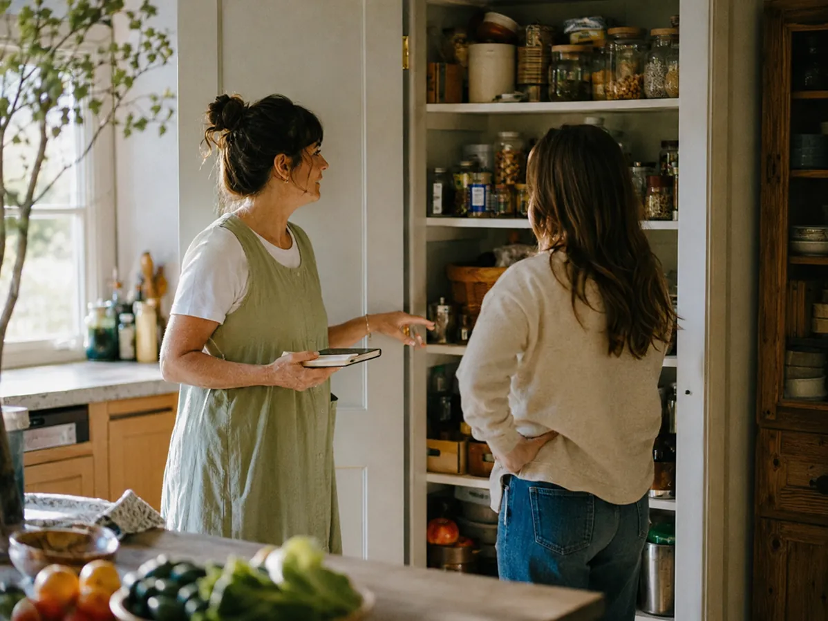 Two people looking through a well-stocked pantry cupboard together
