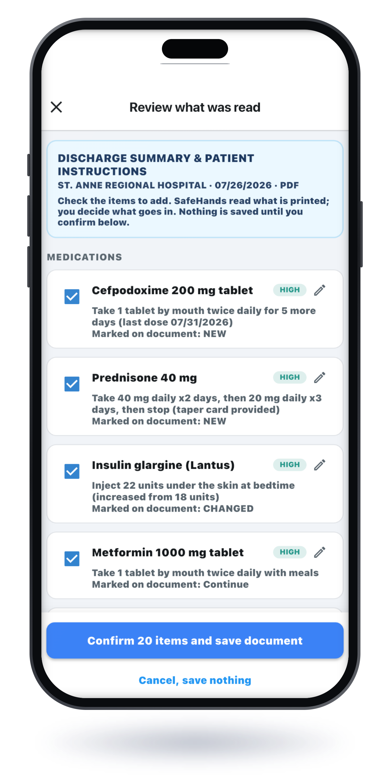 Angled phone showing the SafeHands review screen for a scanned discharge summary, with medications checked for you to confirm before saving