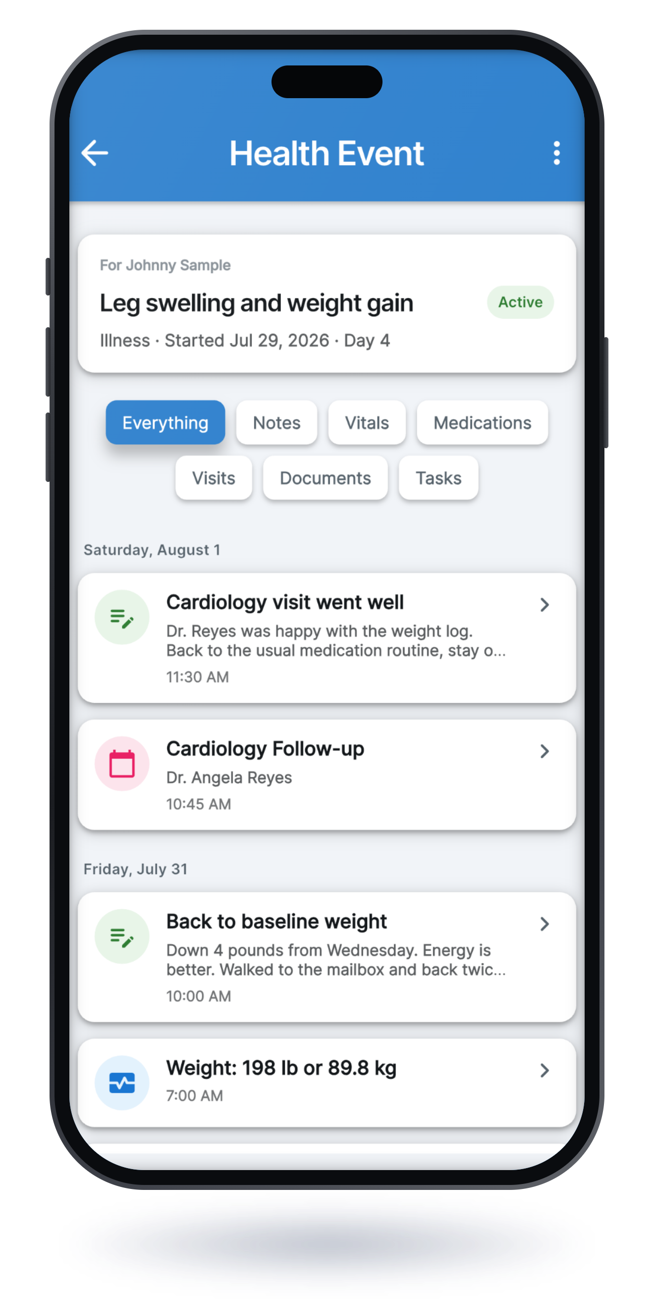 Angled phone showing a SafeHands Health Event screen with entries for one situation on a single timeline