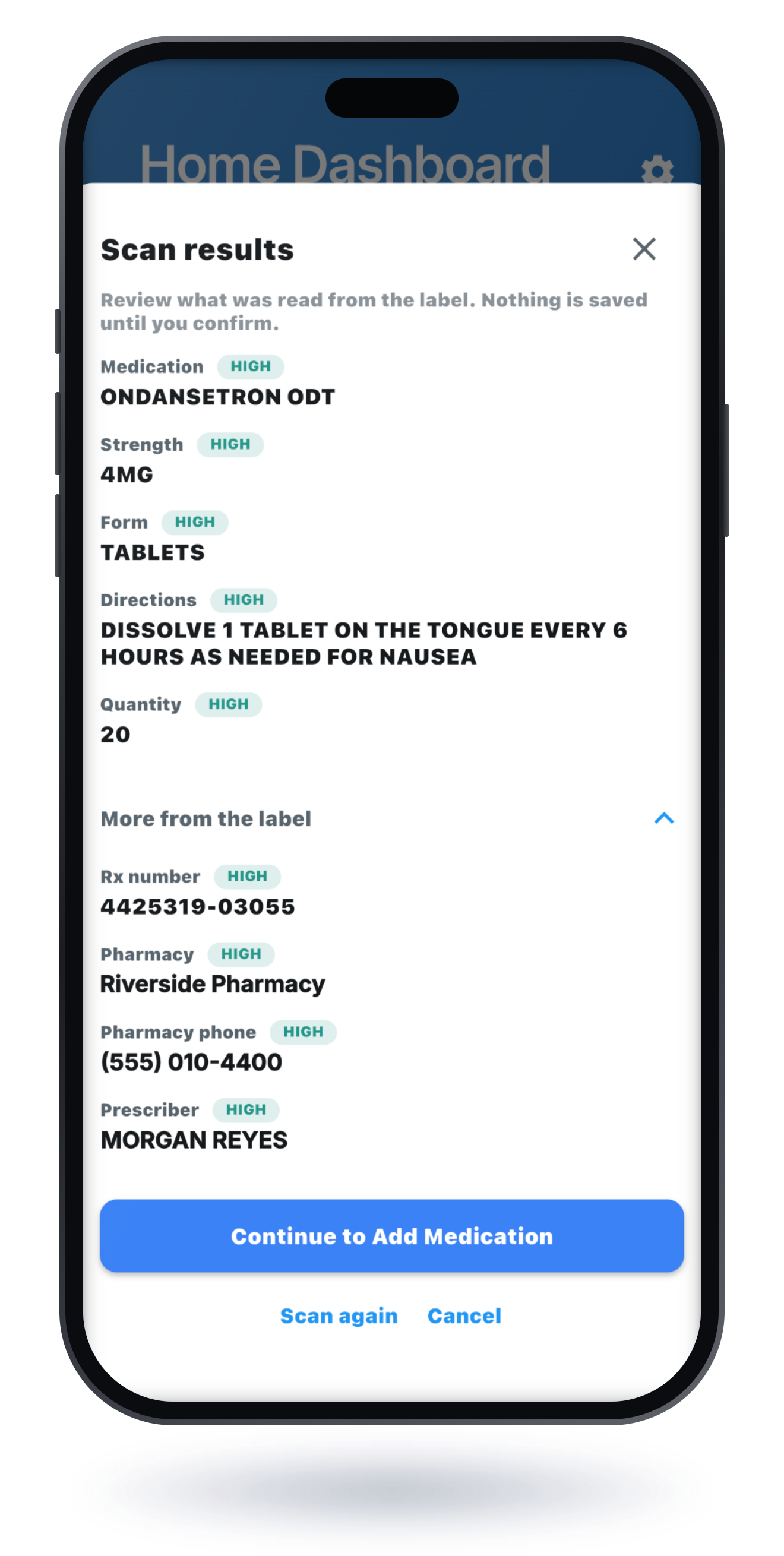 Angled phone showing SafeHands scan results with a medication name, strength, and directions read from a bottle label, waiting for confirmation