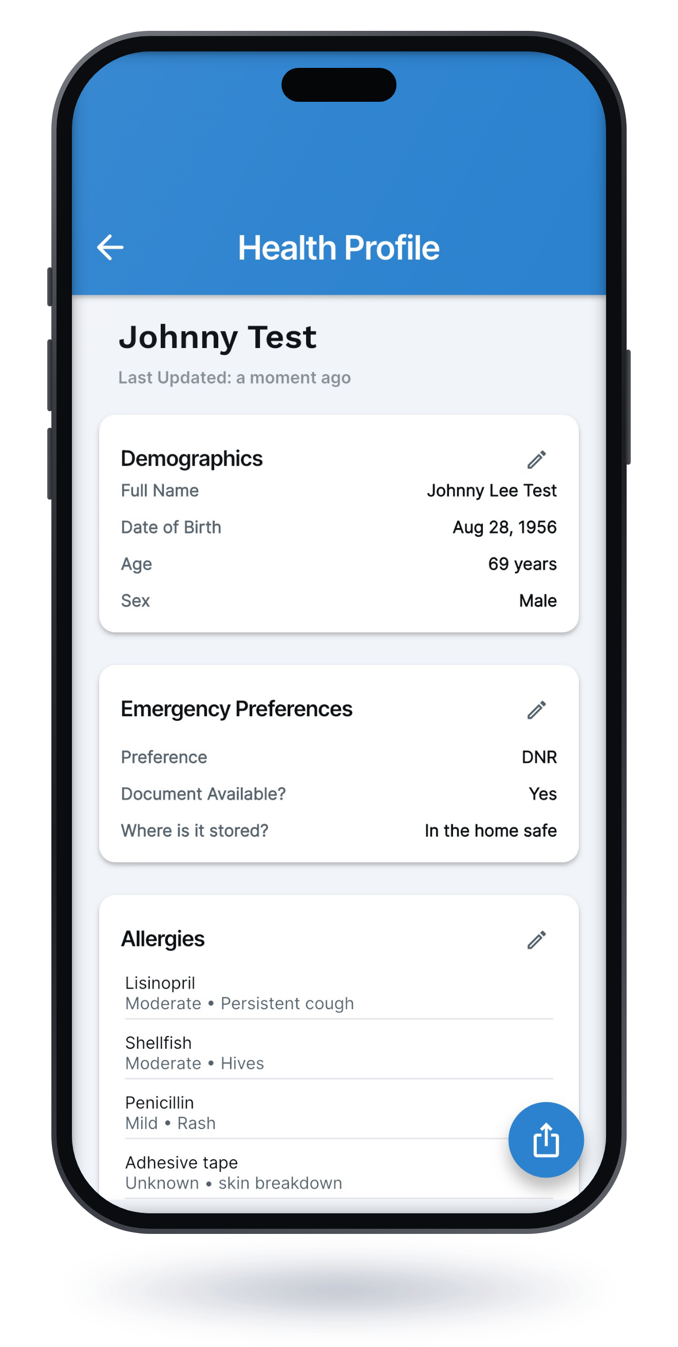 Phone showing the SafeHands Health Profile screen with a full name, demographics, emergency preferences, and allergies for a sample profile