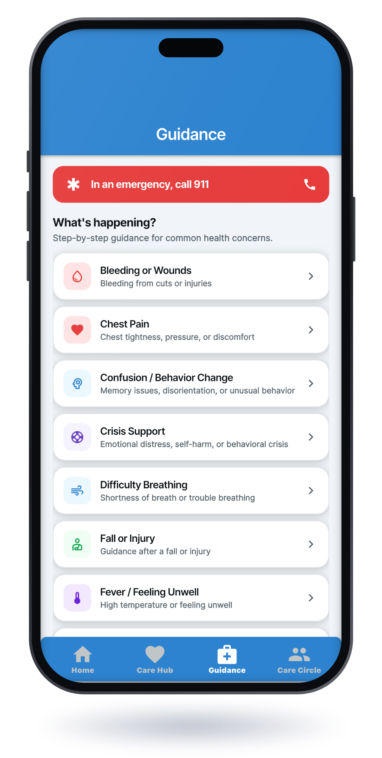 Phone showing the SafeHands Guidance screen listing step-by-step help topics such as bleeding, chest pain, and difficulty breathing