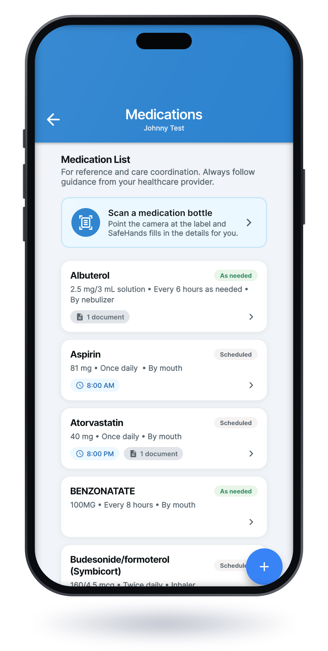 Phone showing the SafeHands medication list with doses, schedules, and the scan a medication bottle option