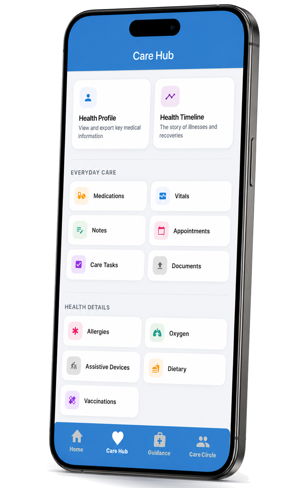 SafeHands app on a phone showing the Care Hub screen with health profile, health timeline, medications, appointments, notes, care tasks, and vitals in one place