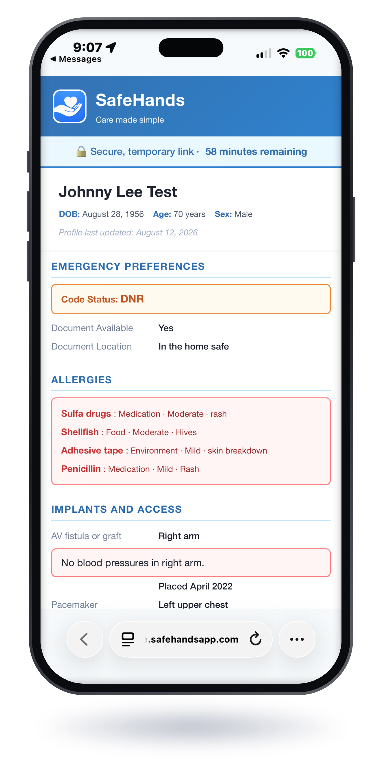 Phone showing a SafeHands SafeLink page the way a doctor sees it in a browser, with a secure temporary link counting down and the code status, allergies, and implants for a sample profile
