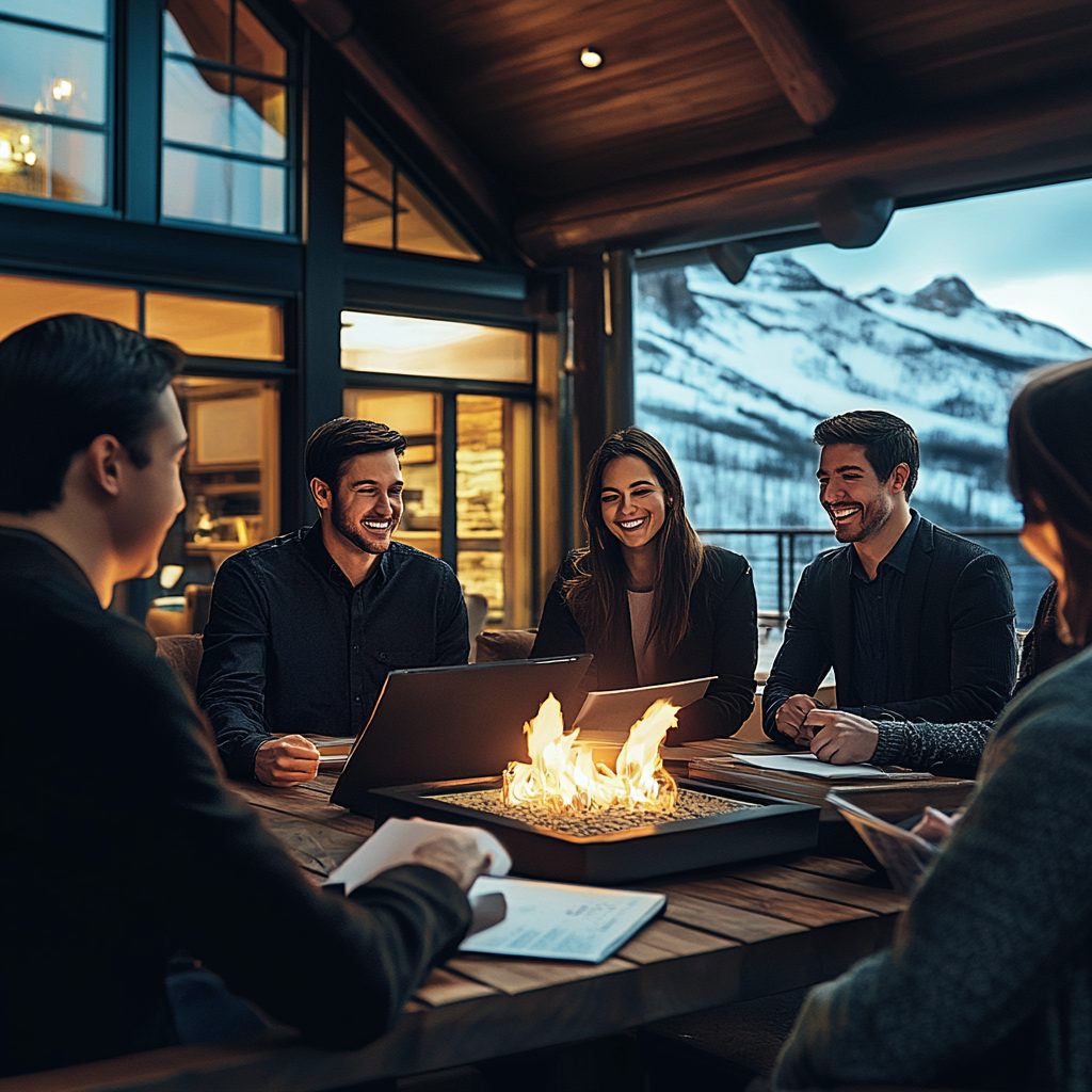 Leaders comparing notes around a fire table in a mountain lodge