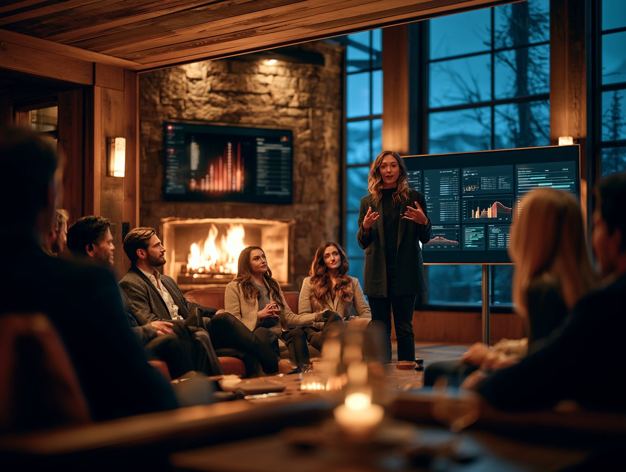 A GrowthCabin member presenting real performance results to peers in a mountain lodge