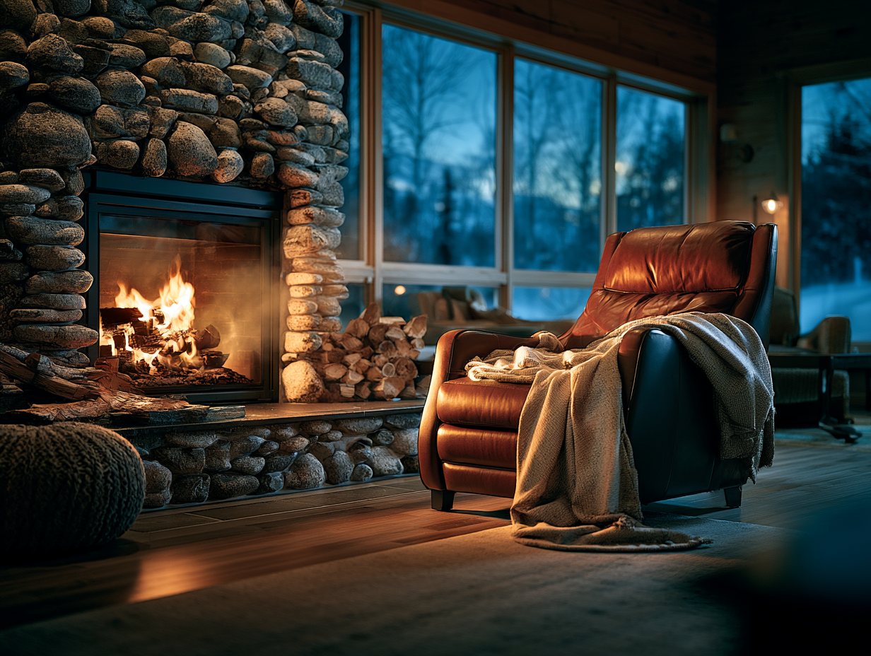 An empty leather armchair waiting by the fireplace — your seat's saved