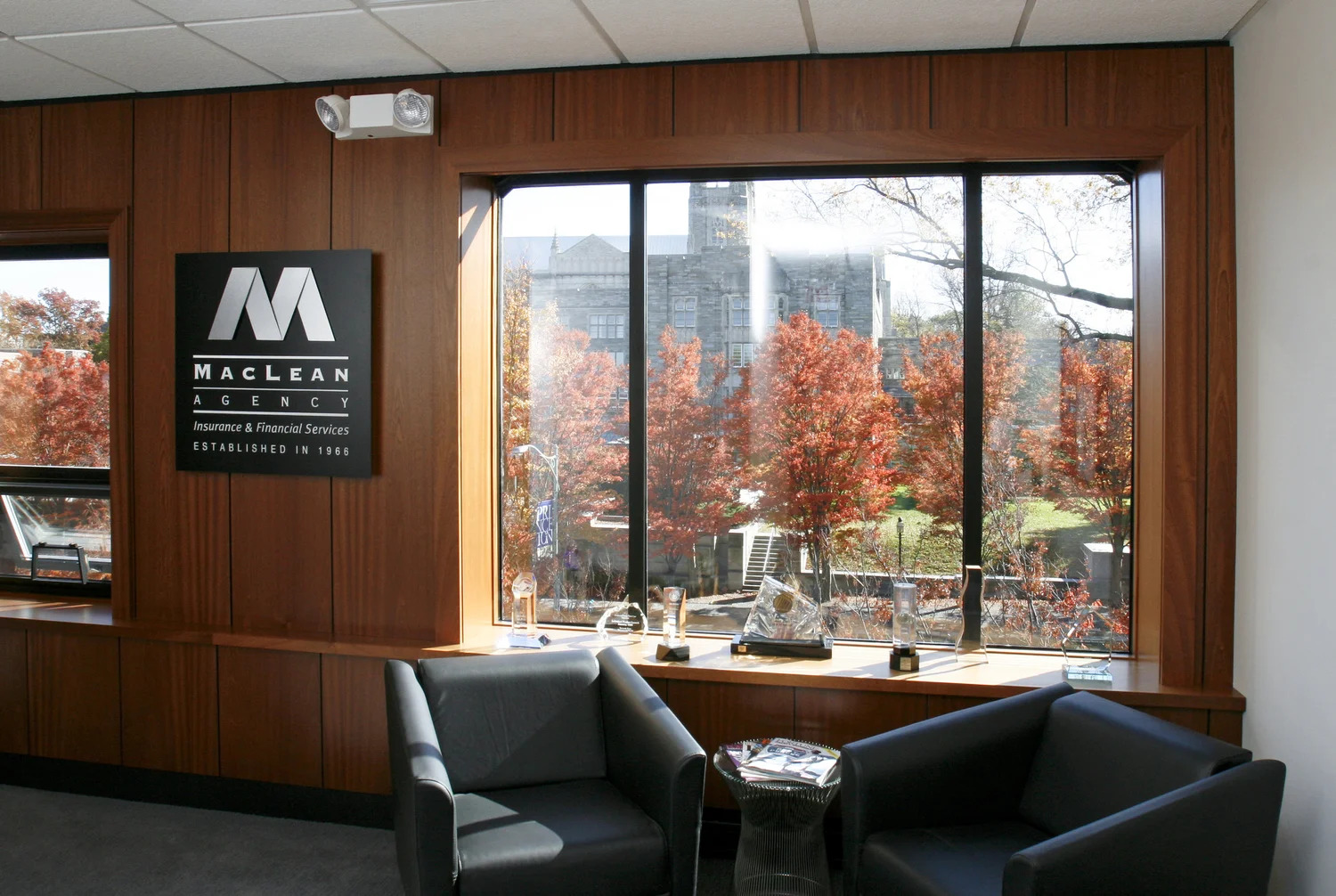 Office interior with dark leather chairs