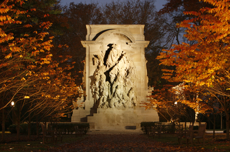 Large stone monument at dusk