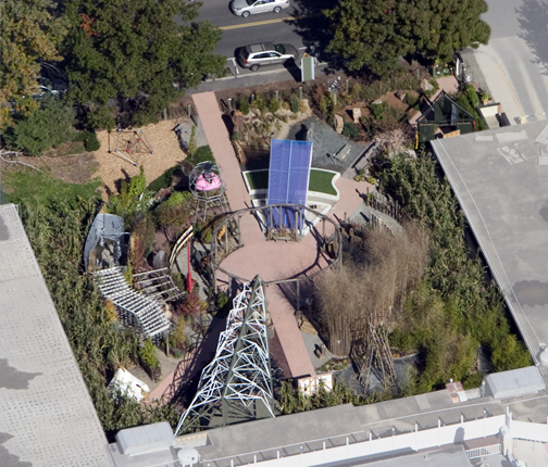 Aerial view of Quark Park layout, paths, and art installations.