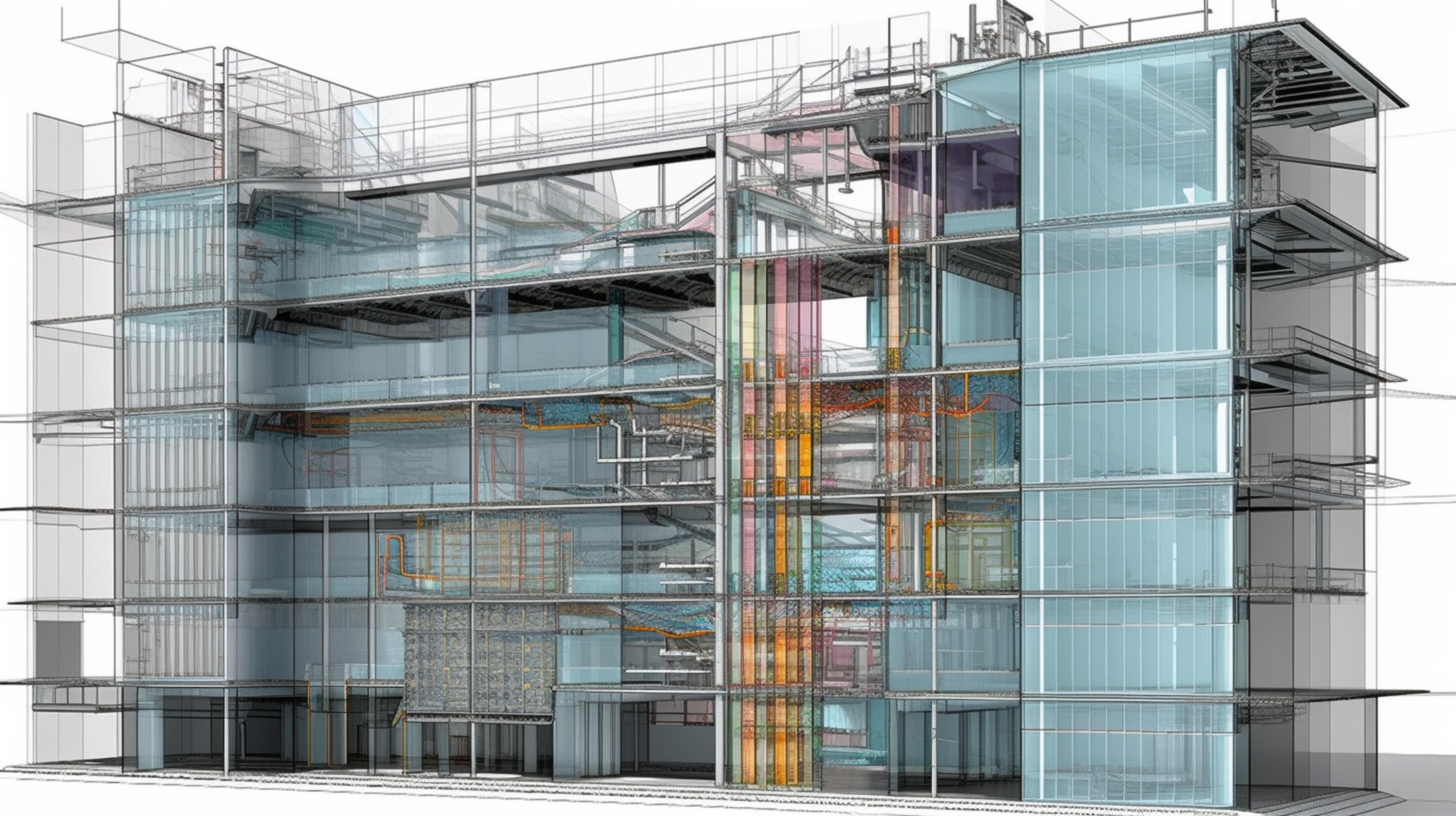 BIM building model render showing glass facade and structural systems