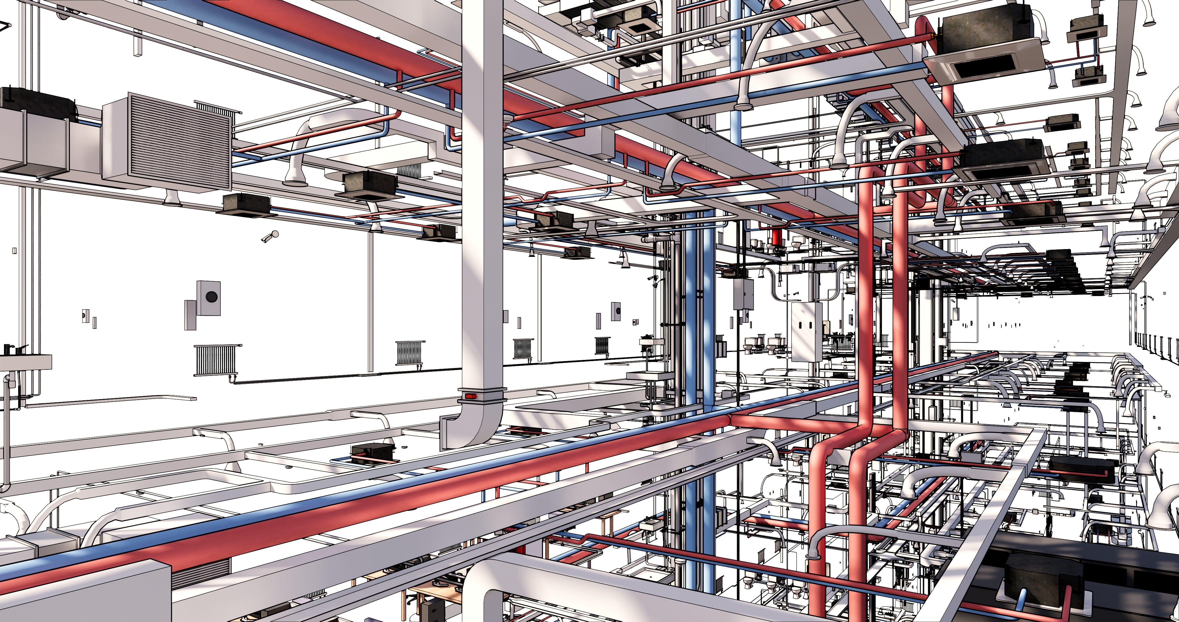 BIM MEP coordination model showing color-coded ductwork and piping