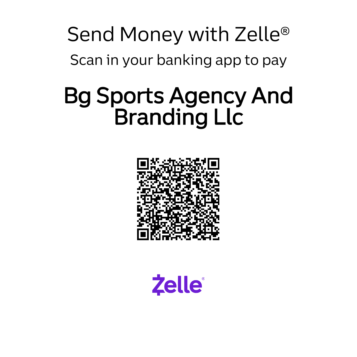 BG Sports Agency and Branding LLC Zelle QR Code