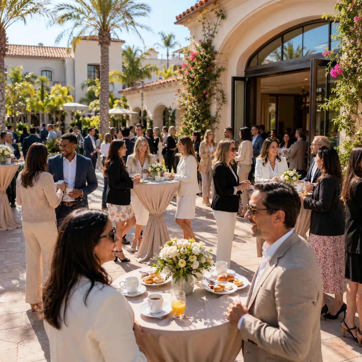 Attendees networking on an outdoor terrace at a MeetingTraveler event