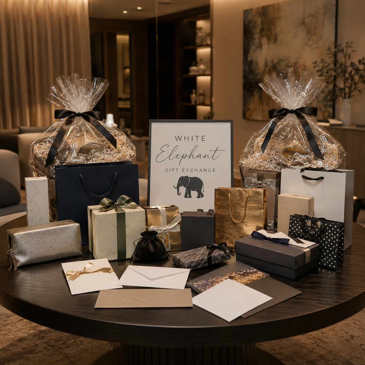 White Elephant gift exchange table with wrapped gift baskets, boxes, and envelopes
