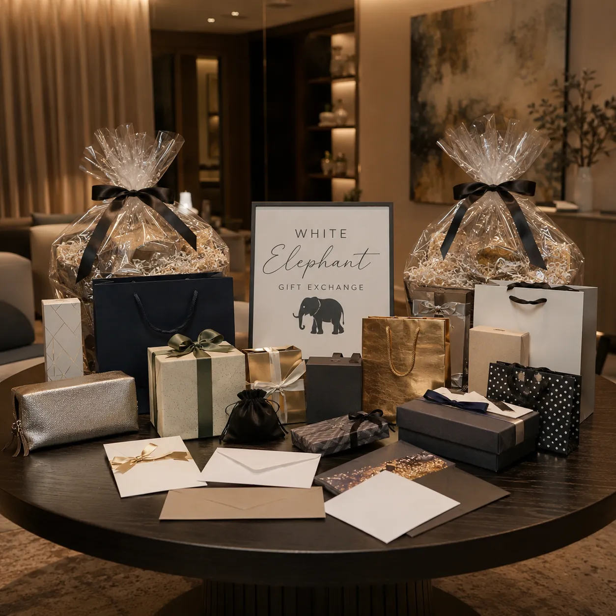 White Elephant gift exchange table with wrapped gift baskets, boxes, and envelopes