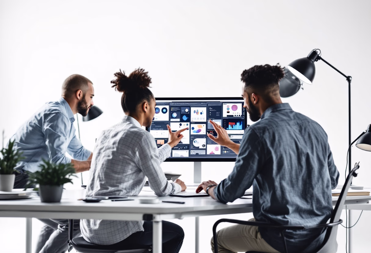 Specialized IT engineering team analyzing cloud infrastructure and software dashboards
