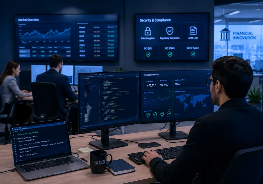 Especialistas en ciberseguridad y plataformas financieras monitoreando transacciones - Financial Services talent