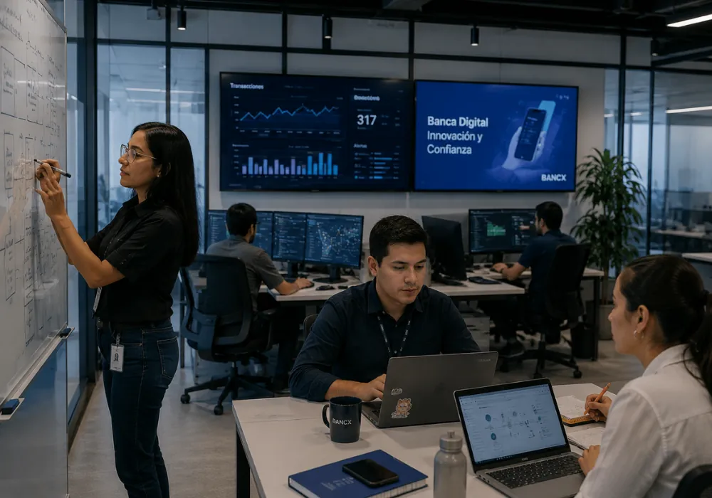 Equipo de ingeniería trabajando en plataforma de banca digital y microservicios - Banking