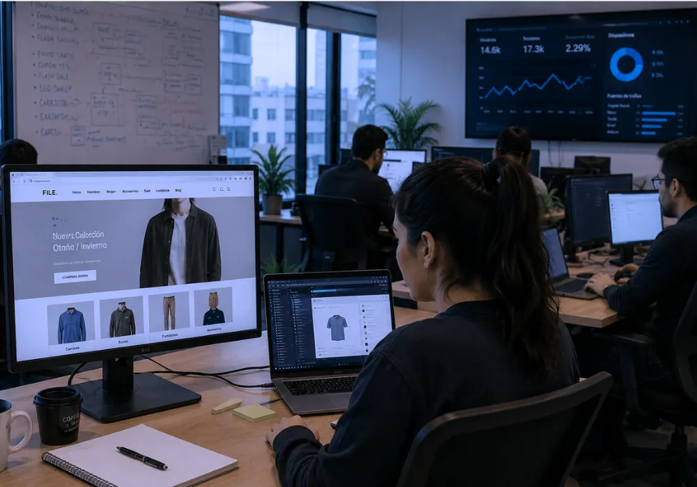 Equipo desarrollando tienda en línea con analítica de tráfico y conversión - E-commerce