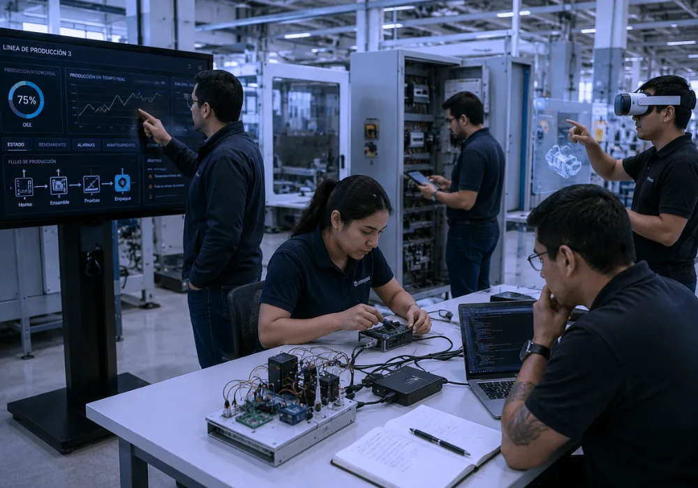 Ingenieros trabajando en automatización IoT y sistemas de control en planta de manufactura - Manufacturing Azkait